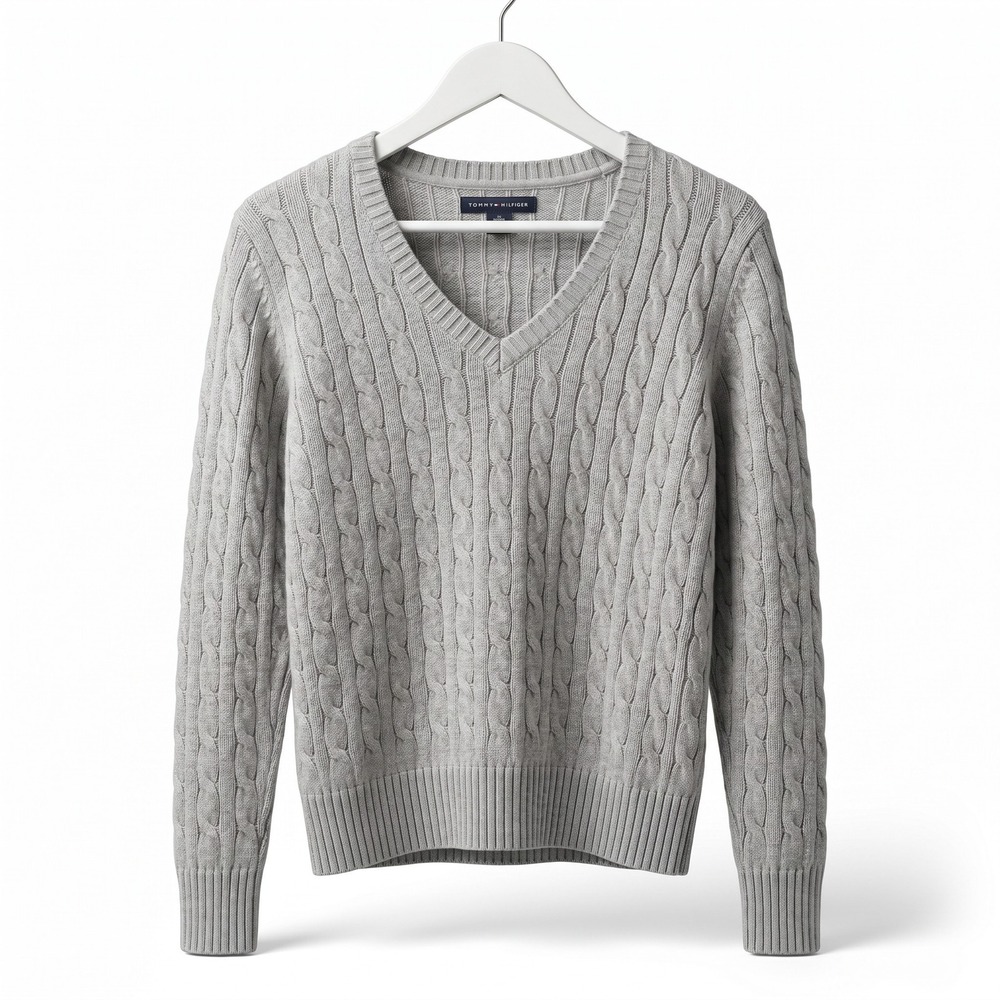 Tommy Hilfiger Women Gray V-Neck Cable Knit‎ Pullover Sweater Size M 100% Cotton